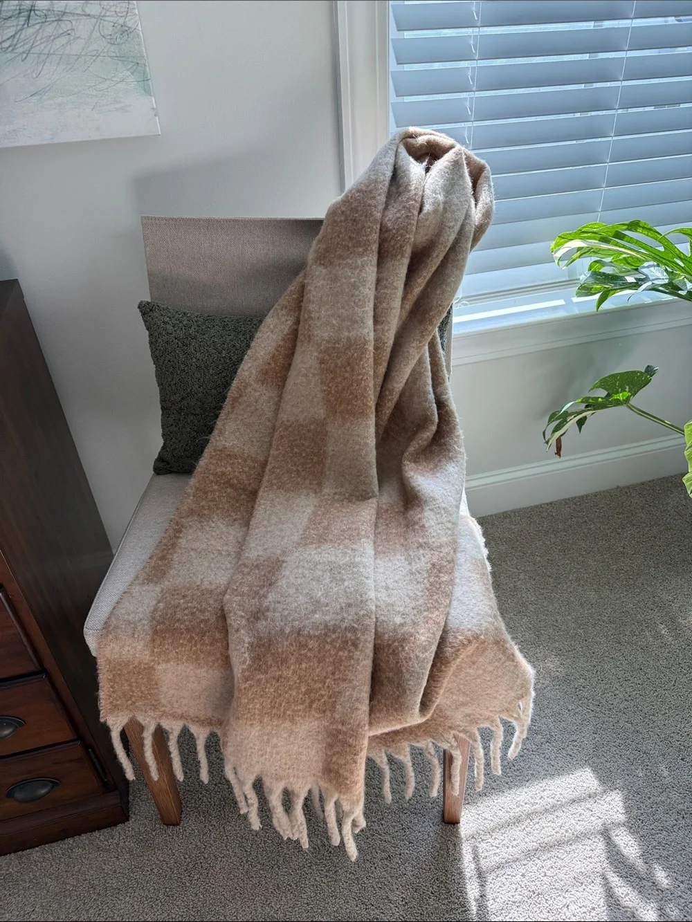 Cozy Beige Plaid XL Scarf - Soft Fringe Accent
